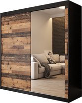 InspireMe - Kledingkast met 2 schuifdeuren, Modern-stijl, Een kledingkast met planken en een spiegel (BxHxD): 200x200x62 - ALTER T2 200 Zwart Mat + Oude Stijl Hout
