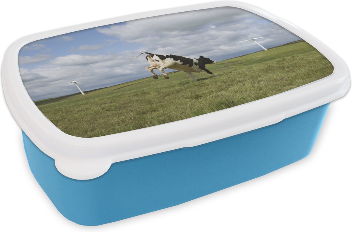 Broodtrommel Blauw - Lunchbox - Brooddoos - Koe - Windmolen - Wolken - 18x12x6 cm - Kinderen - Jongen
