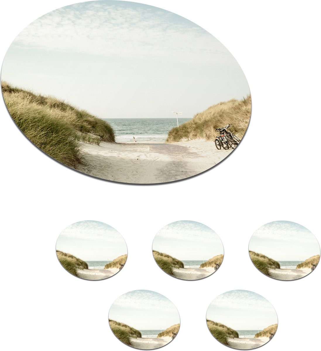 Onderzetters voor glazen - Rond - Strand - Fiets - Wolken - 10x10 cm - Glasonderzetters - 6 stuks
