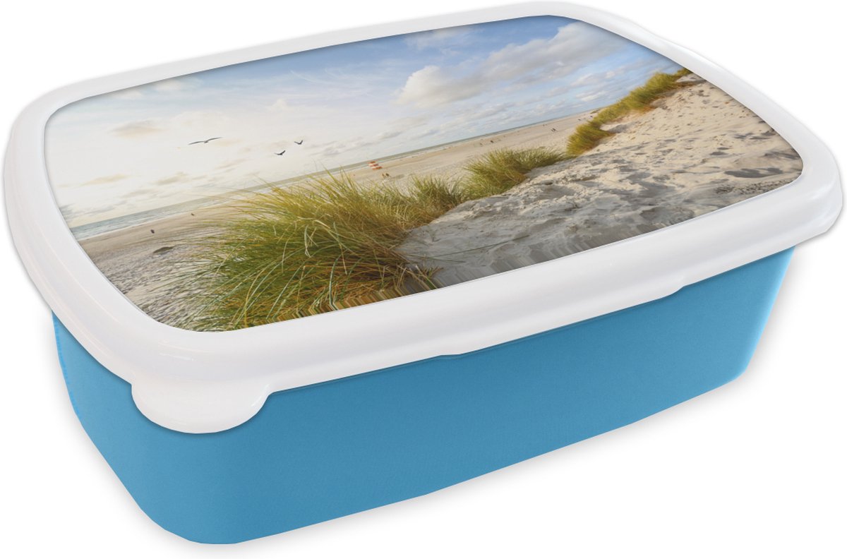 Broodtrommel Blauw - Lunchbox - Brooddoos - Strand - Zee - Vogels - 18x12x6 cm - Kinderen - Jongen