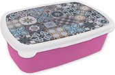 Broodtrommel Roze - Lunchbox - Brooddoos - Bloemen - Patronen - Blauw - Bruin - 18x12x6 cm - Kinderen - Meisje