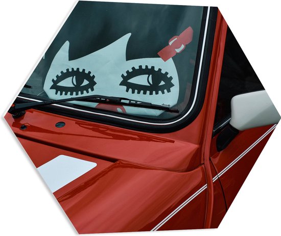 WallClassics - PVC Schuimplaat Hexagon  - Tekening op Rode Auto - 60x52.2 cm Foto op Hexagon (Met Ophangsysteem)