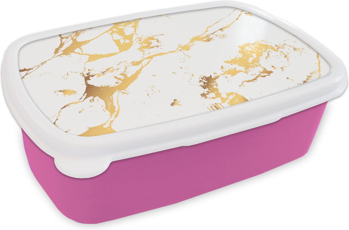 Broodtrommel Roze - Lunchbox - Brooddoos - Marmer - Wit - Goud - Luxe - 18x12x6 cm - Kinderen - Meisje