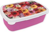 Broodtrommel Roze - Lunchbox - Brooddoos - Bloemen - Kleuren - Gerbera - Rozen - 18x12x6 cm - Kinderen - Meisje