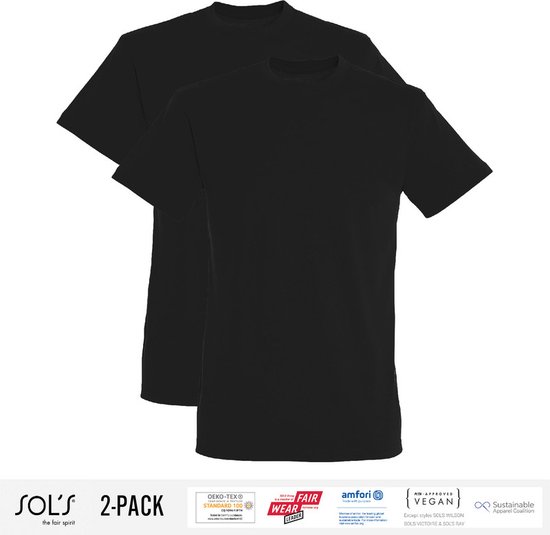 2 Pack Sol's Heren T-Shirt 100% biologisch katoen Ronde hals Zwart Maat M
