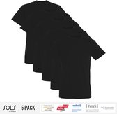 5 Pack Sol's Jongens/Meisjes T-Shirt 100% biologisch katoen Ronde hals Zwart Maat 142/152 (11-12 Jaar)