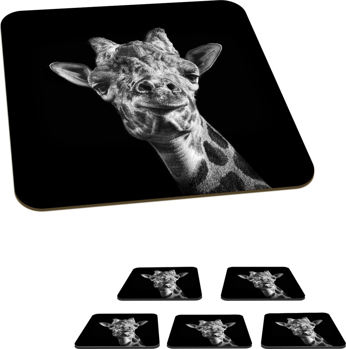 Onderzetters voor glazen - Giraffe - Dier - Zwart - Wit - 10x10 cm - Glasonderzetters - 6 stuks