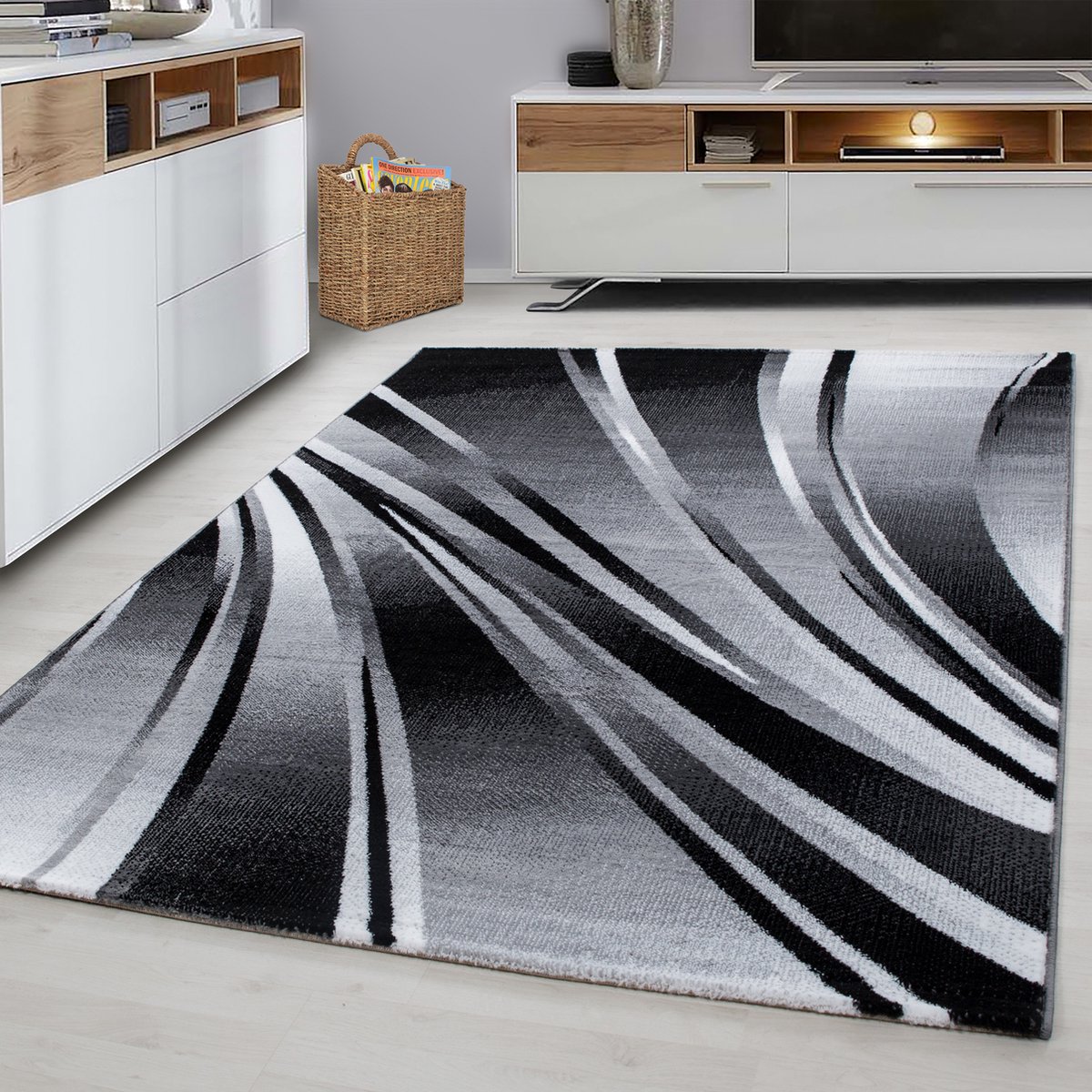 Flycarpets Jaden Modern Vloerkleed - Zwart / Grijs - 80x300 cm - Laagpolig Tapijt Woonkamer