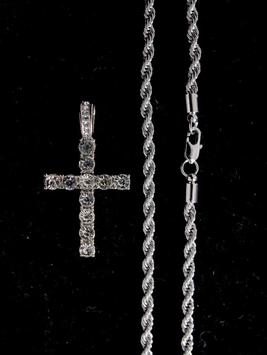 Diamond Boss - Rope Ketting met kruis pendant - 50 cm - Zilver plated