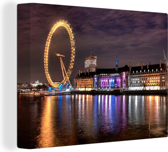 Verlichting van de gebouwen en de London Eye in Londen Canvas 40x30 cm - klein - Foto print op Canvas schilderij (Wanddecoratie woonkamer / slaapkamer)
