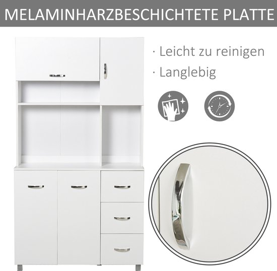 HOMCOM Vrijstaande keukenkast, 183 cm, hoge opbergkast met 4 deuren en 3 verstelbare planken, traditionele keukenkast voor eetkamer, wit