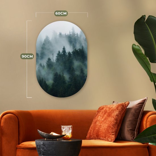 Wall Oval - Décoration murale Plastique - Peinture Ovale - Brouillard - Arbres - Forêt - 60x90 cm - Forme miroir ovale sur plastique