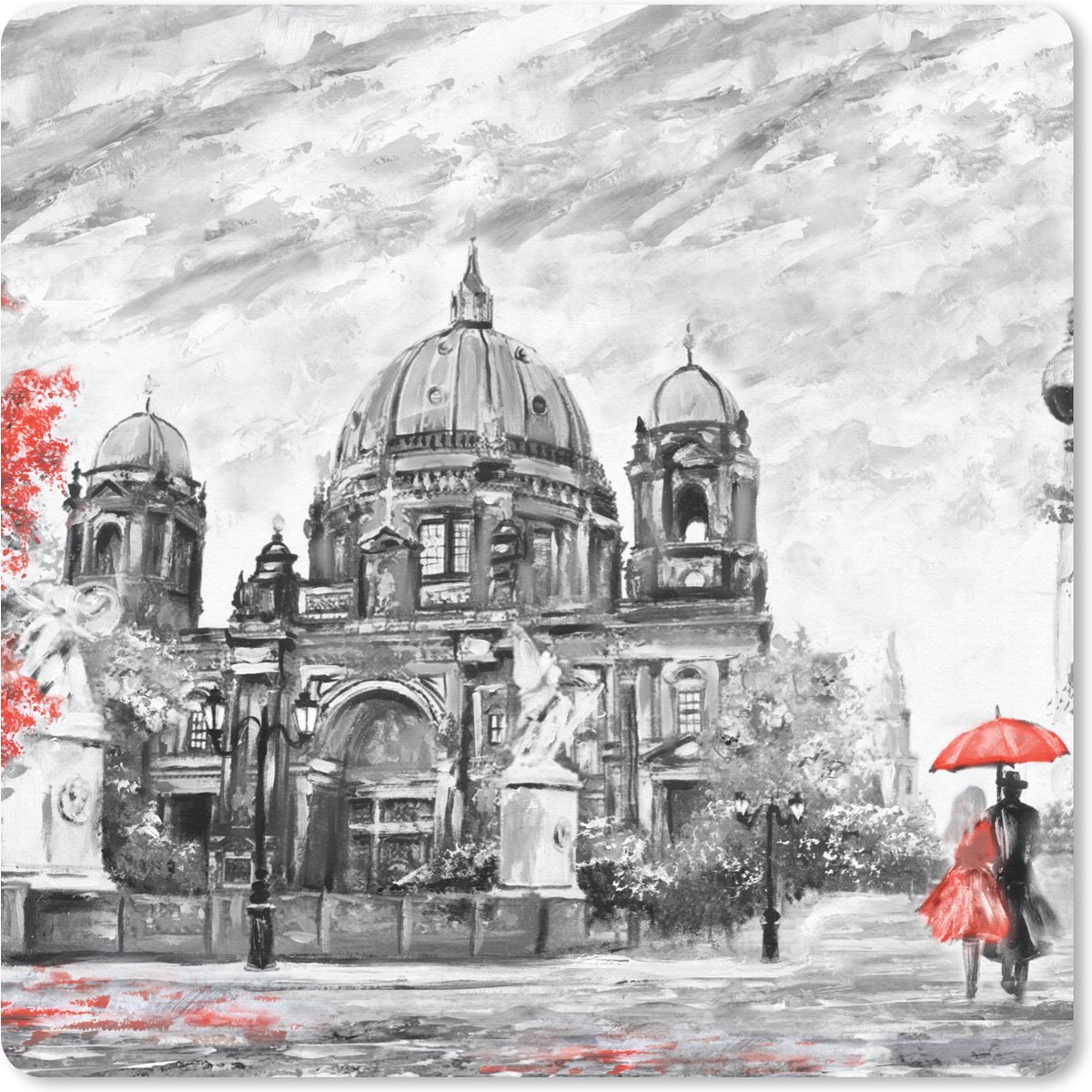 Muismat 30x30 cm - Mousepad Schilderij - Architectuur - Boom - Rood - Muismatten