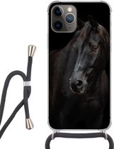 Hoesje met koord Geschikt voor iPhone 12 Pro Max - Paard - Licht - Zwart - Siliconen - Crossbody - Backcover met Koord - Telefoonhoesje met koord - Hoesje met touw
