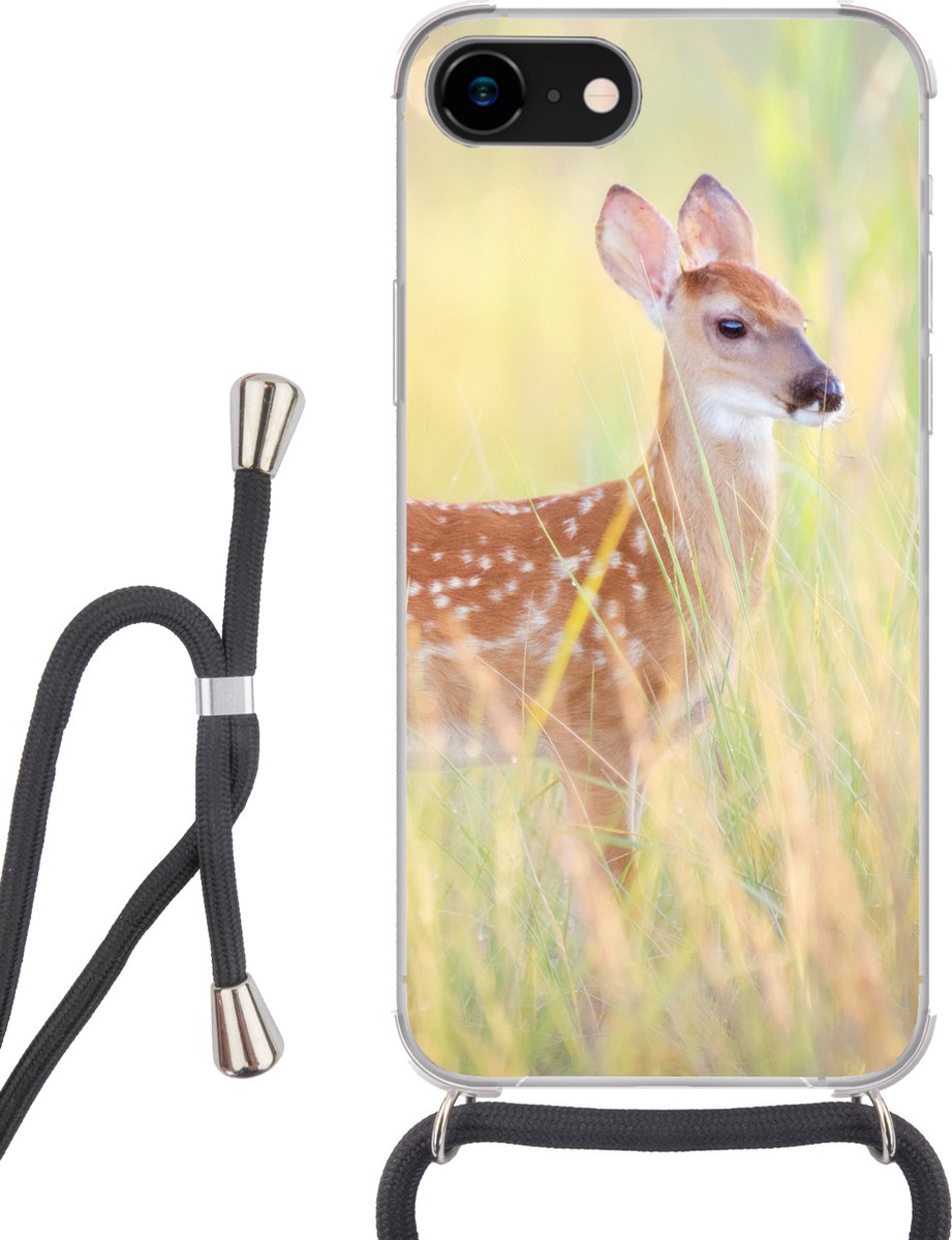 Telefoonhoesje Geschikt voor iPhone 7 - Hert - Gras - Groen - Siliconen - Crossbody - Backcover met Koord - Telefoonhoesje met koord - Hoesje met touw Telefoonhoesje
