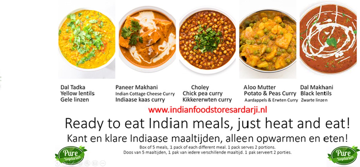 Kant en klare Indiaase maaltijden - Ready to Eat Indian meals - 5 vegetarian diverse meals - 1x Yellow Dal Tadka - 1x Paneer Makhani - 1x Dal Makhani - 1x Aloo Mutter - 1x Chole/Chana Masala