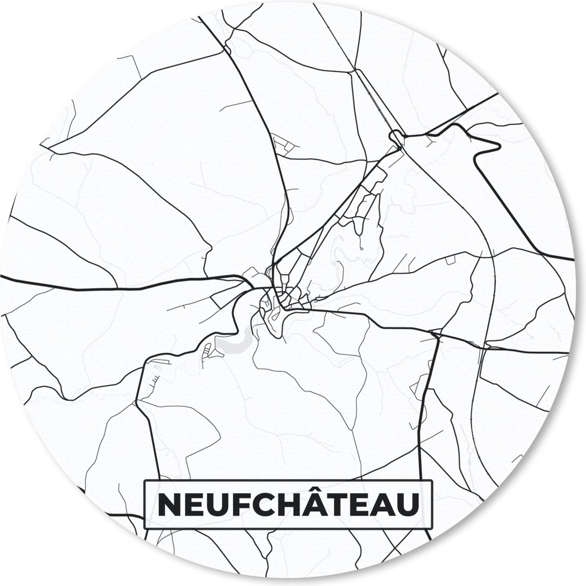 Muismat - Mousepad - Rond - Kaart – Plattegrond – Stadskaart – Neufchâteau – België – Zwart Wit - 50x50 cm - Ronde muismat