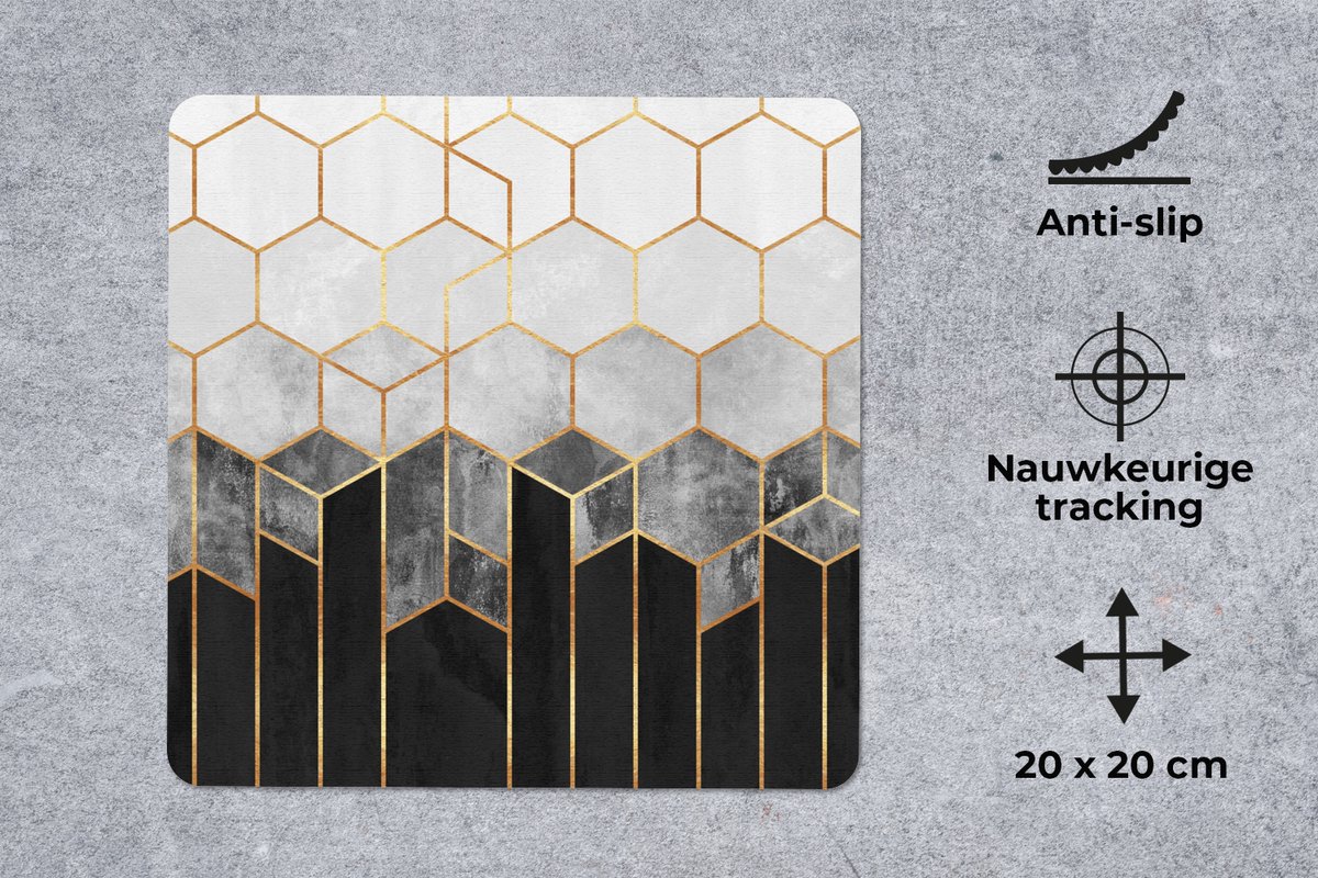 Muismat 20x20 cm - Mousepad Goud - Hexagon - Chic - Patronen - Luxe - Muismatten