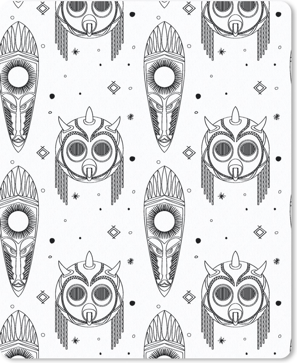 Muismat 19x23 cm - Mousepad Maya - Maskers - Zwart-Wit - Patroon - Muismatten