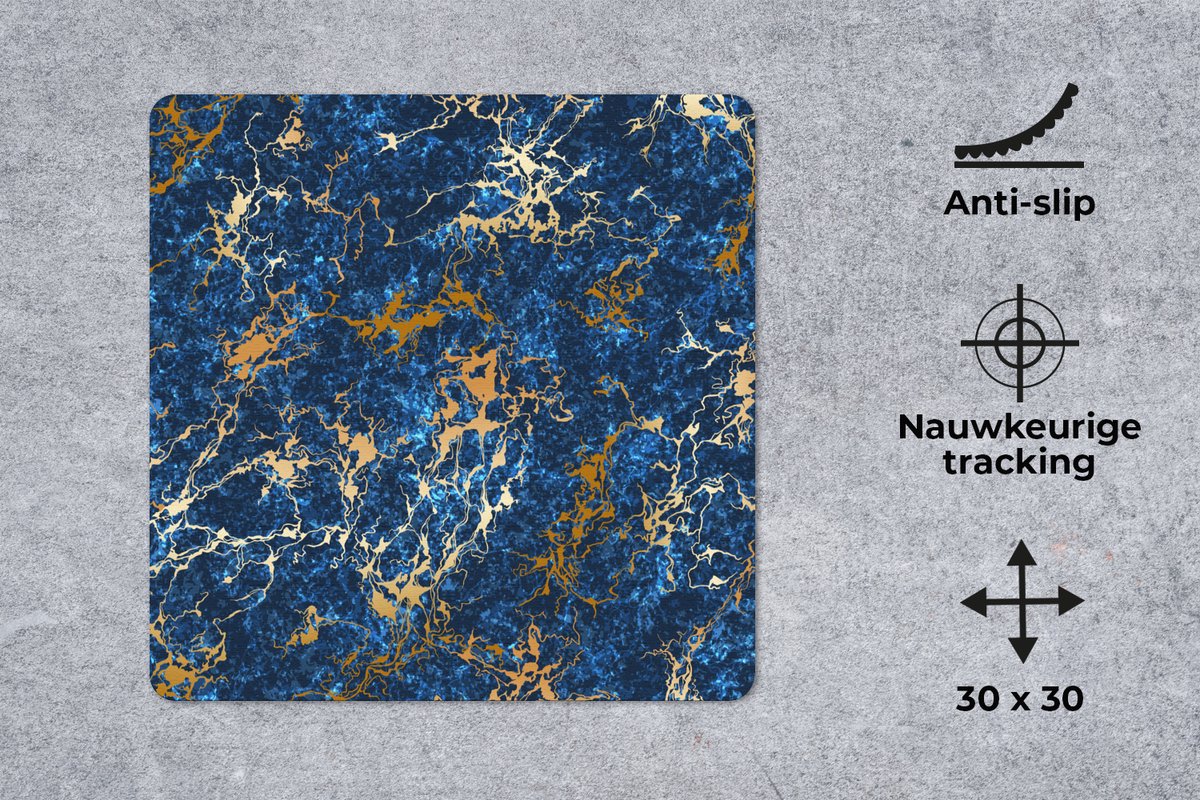 Muismat 30x30 cm - Mousepad Marmer - Textuur - Goud - Blauw - Muismatten