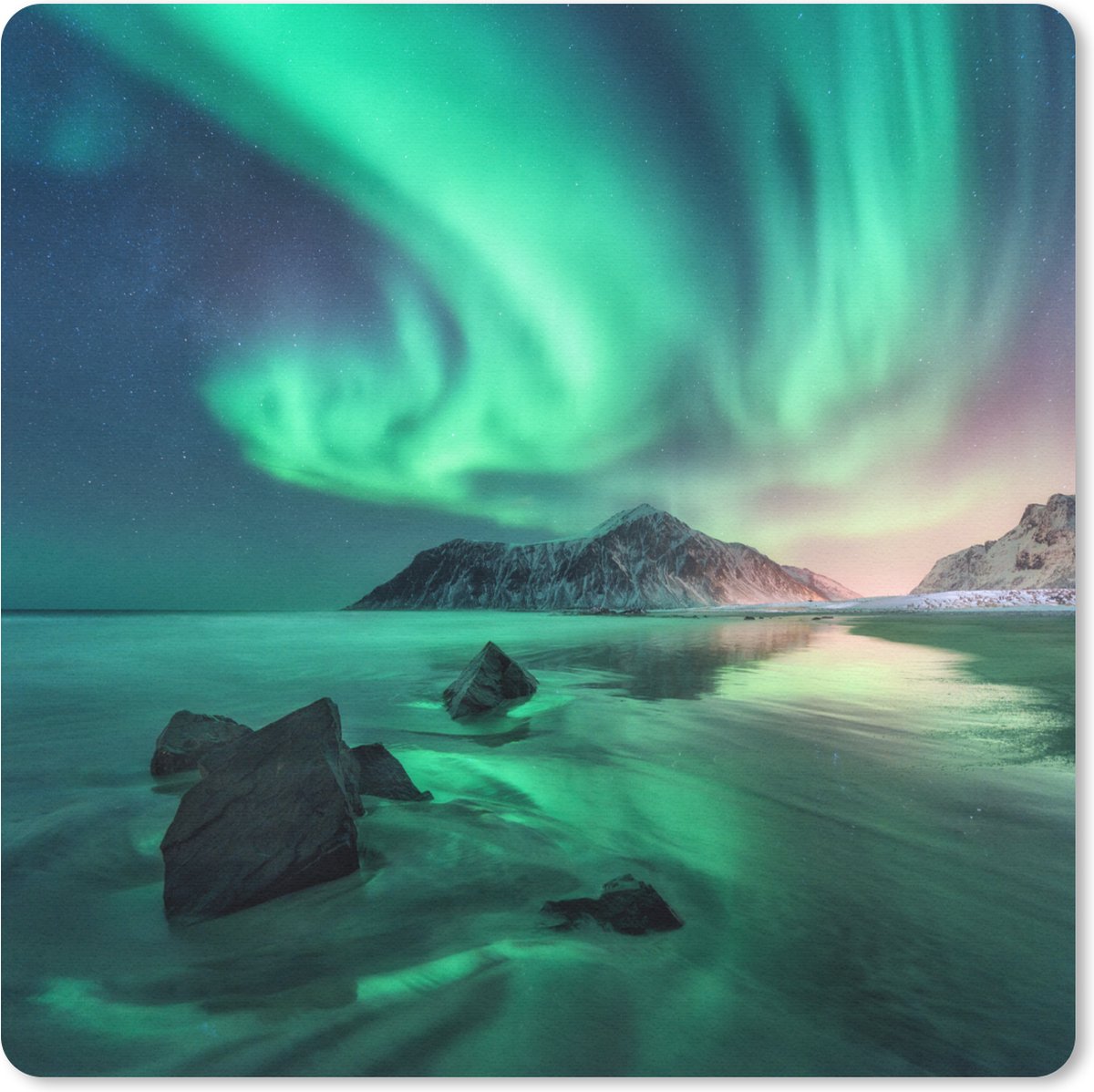 Muismat 20x20 cm - Mousepad Noorderlicht - Nacht - Reflectie - Noorwegen - Muismatten