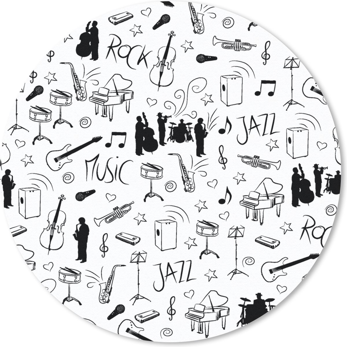 Muismat rond 30x30 cm - Mousepad Muziek - Patronen - Zwart Wit - Ronde muismatten