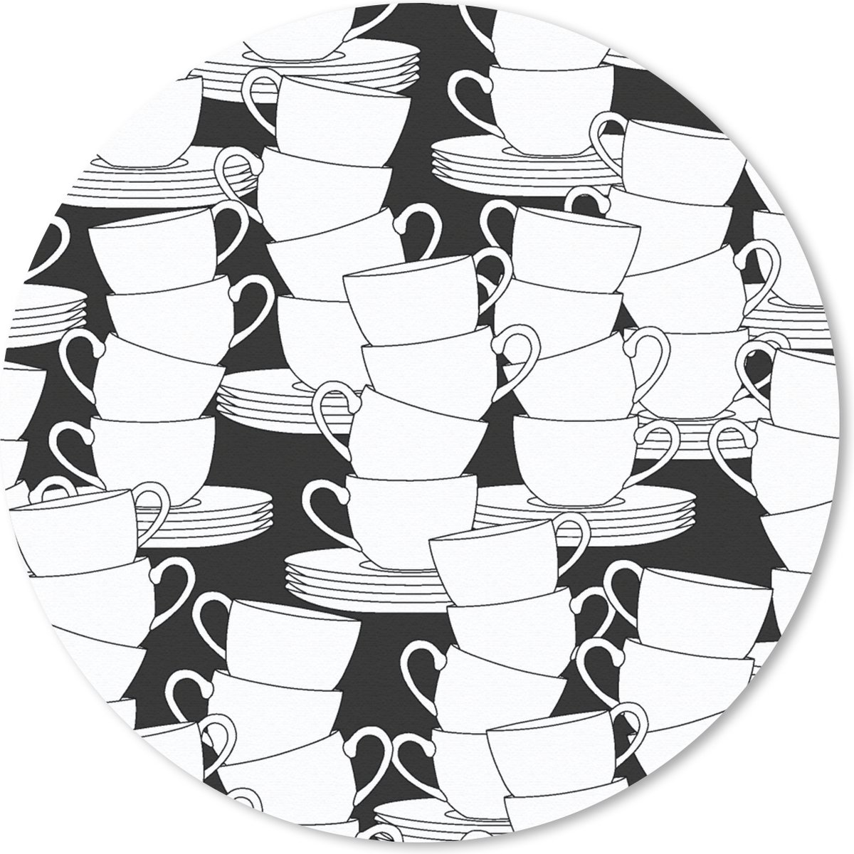 Muismat rond 20x20 cm - Mousepad Patronen - Zwart wit - Kopjes - Thee - Ronde muismatten