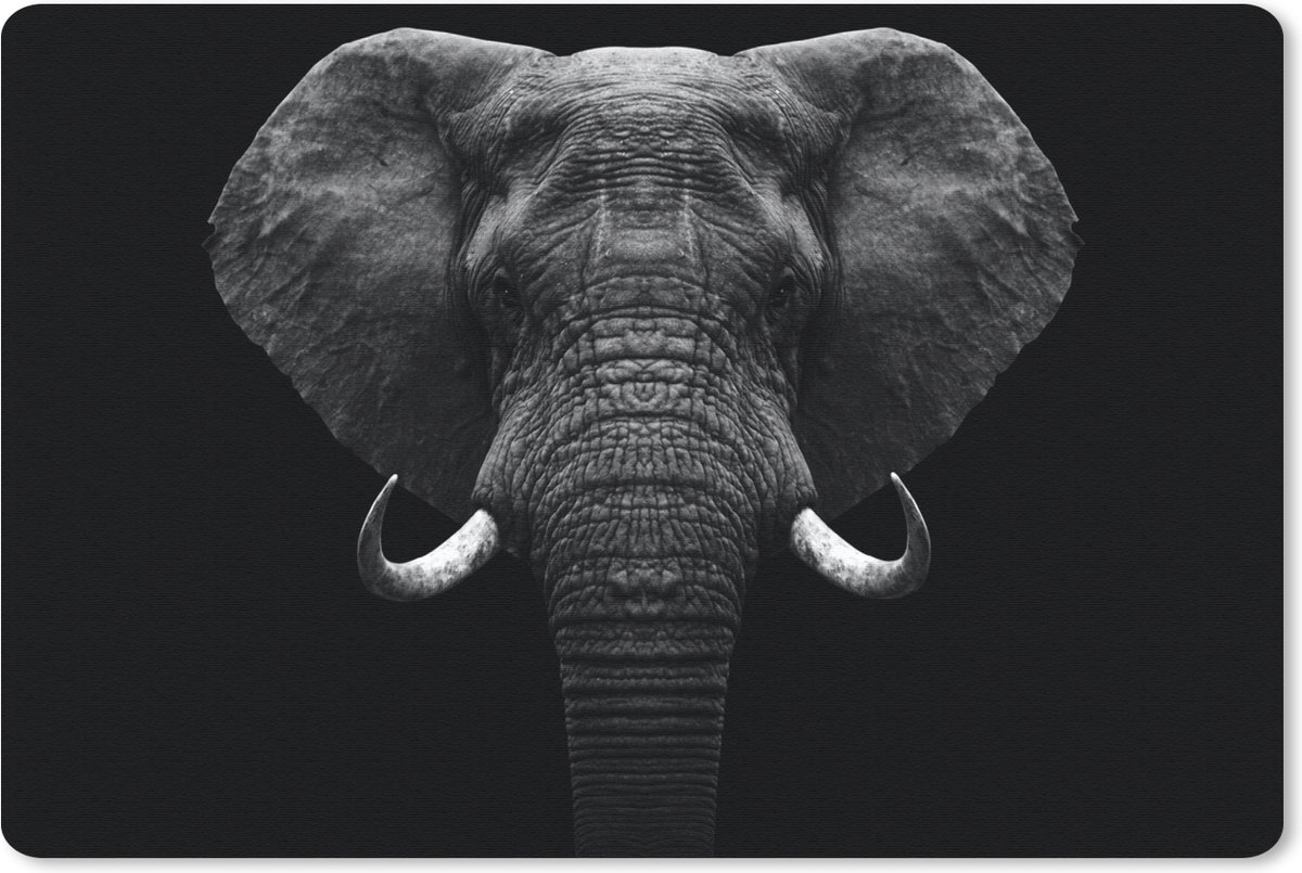 Muismat 27x18 cm - Mousepad Dieren - Olifant - Portret - Zwart - Wit - Muismatten