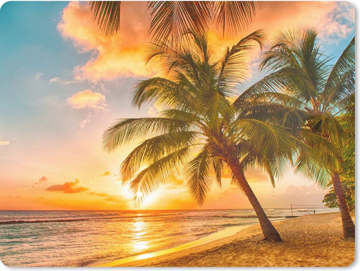 Muismat - Mousepad - Zonsondergang - Palmboom - Wolken - Zee - Strand - 23x19 cm - Muismatten