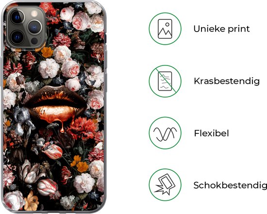 EYZUTAK Hoesje voor iPhone 14 Pro Max hoes, vintage, olieverfschilderij met bloemenpatroon, met glitter, golfend, van zacht TPU, shockbestendig, kleur: roze