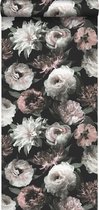 ESTAhome behang bloemen zwart, wit en zacht roze - 139169 - 0,53 x 10,05 m