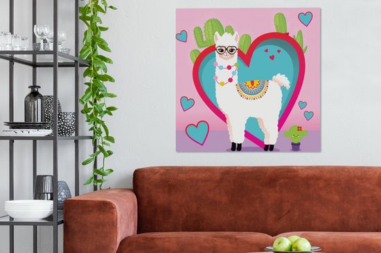 Tableau sur Toile Lama - Coeur - Cactus - 90x90 cm - Décoration murale