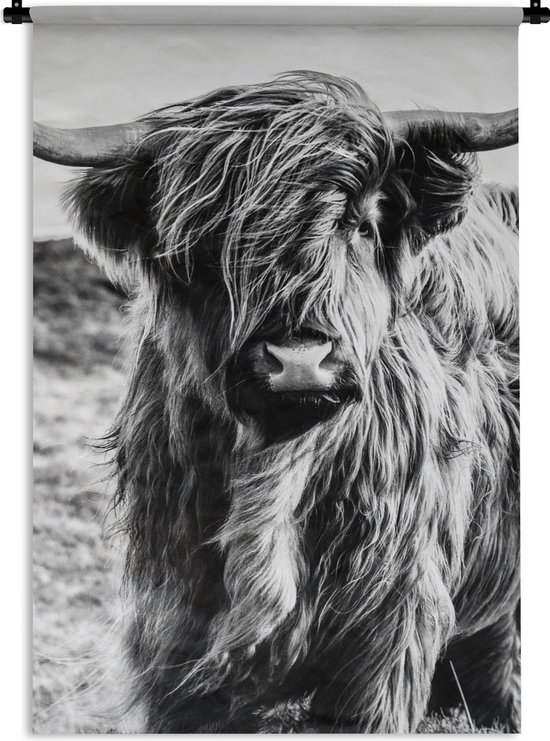 Wandkleed - Wanddoek - Schotse hooglander - Natuur - Koe - Zwart - Wit - 60x90 cm - Wandtapijt