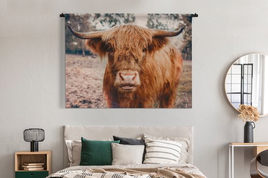 Tapisserie Murale - Toile Murale - Vache - Highlander écossais - Cornes - Marron - Paysage - 180x135 cm - Tapisserie