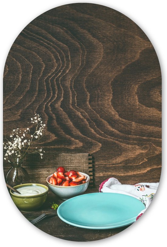 Ovale mural - Ovale mural - Décoration murale en plastique - Tableau ovale - Rustique - Fruits - Ustensiles de cuisine - Fraise - 40x60 cm - Forme miroir ovale sur plastique