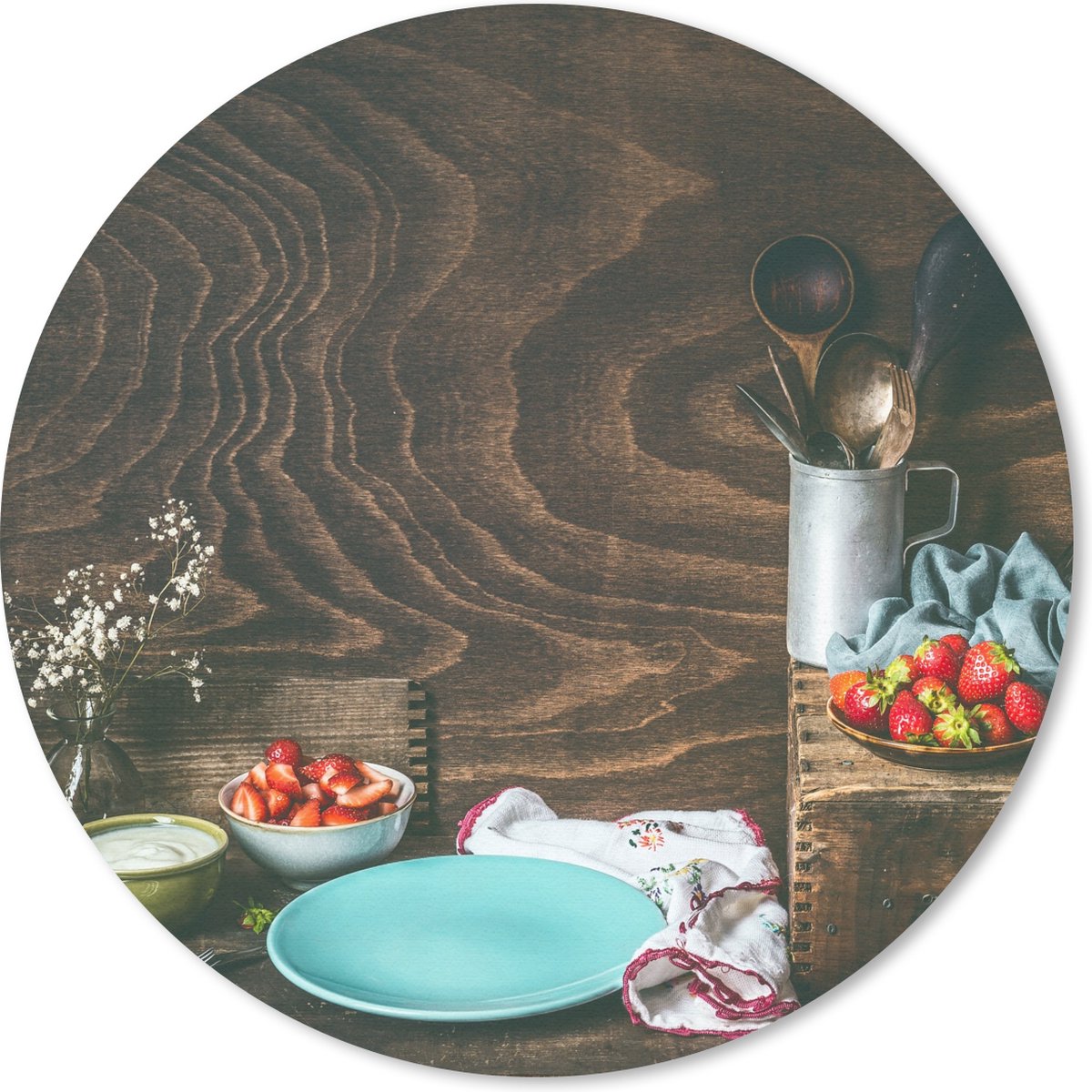 Muismat - Mousepad - Rond - Rustiek - Fruit - Keukengerei - Aardbei - 50x50 cm - Ronde muismat