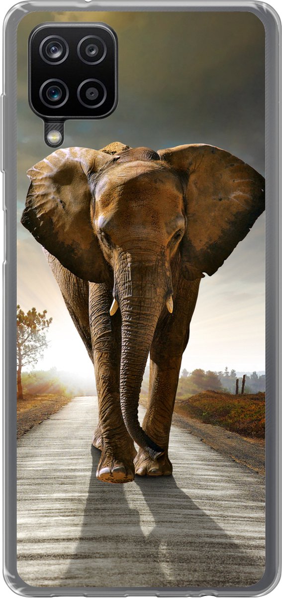 Telefoonhoesje Geschikt voor Samsung Galaxy A12 hoesje - Olifant - Weg - Dieren - Zonsondergang - Landschap - Siliconen Telefoonhoesje Telefoonhoesje