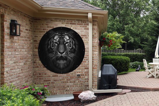 Tuincirkel Tijger - Dieren - Zwart - Wit - Portret - Wild - 120x120 cm - Ronde Tuinposter - Buiten XXL / Groot formaat!