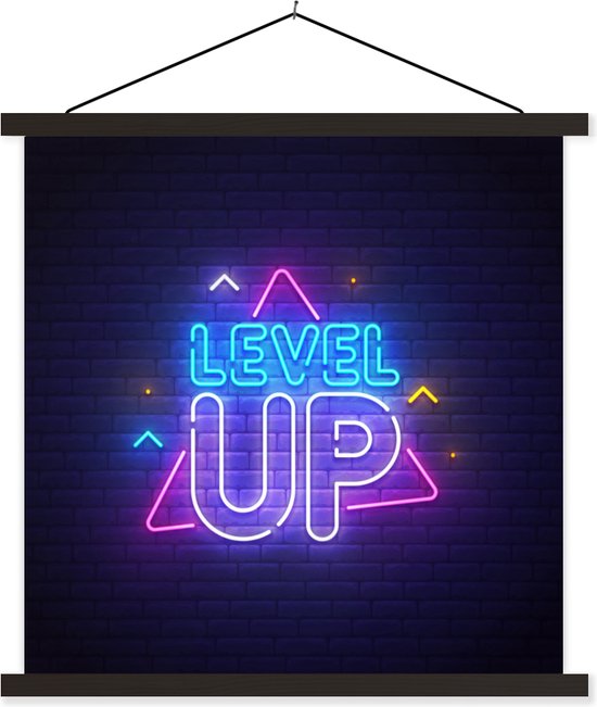 Posterhanger incl. Poster - Schoolplaat - Gaming - Neon - Level Up - Quotes - Gamen - 40x40 cm - Zwarte latten