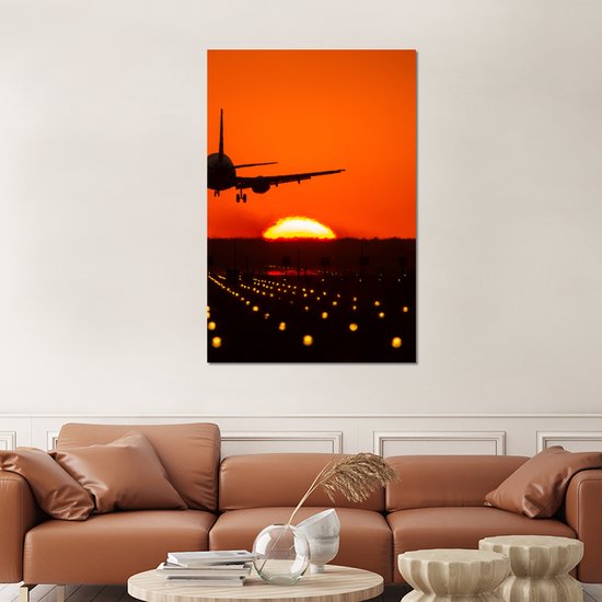 Décoration murale Métal - Peinture Aluminium Industriel - Coucher de Soleil - Avion - Oranje - Soleil - 100x150 cm - Dibond - Photo sur aluminium - Décoration murale industrielle - Pour le salon/chambre