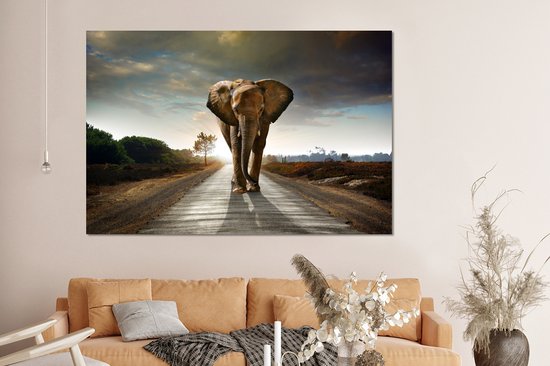 Décoration murale Métal - Aluminium Peinture Industrielle - Éléphant - Route - Animaux - Coucher de soleil - Paysage - 150x100 cm - Dibond - Photo sur aluminium - Décoration murale industrielle - Pour le salon / chambre