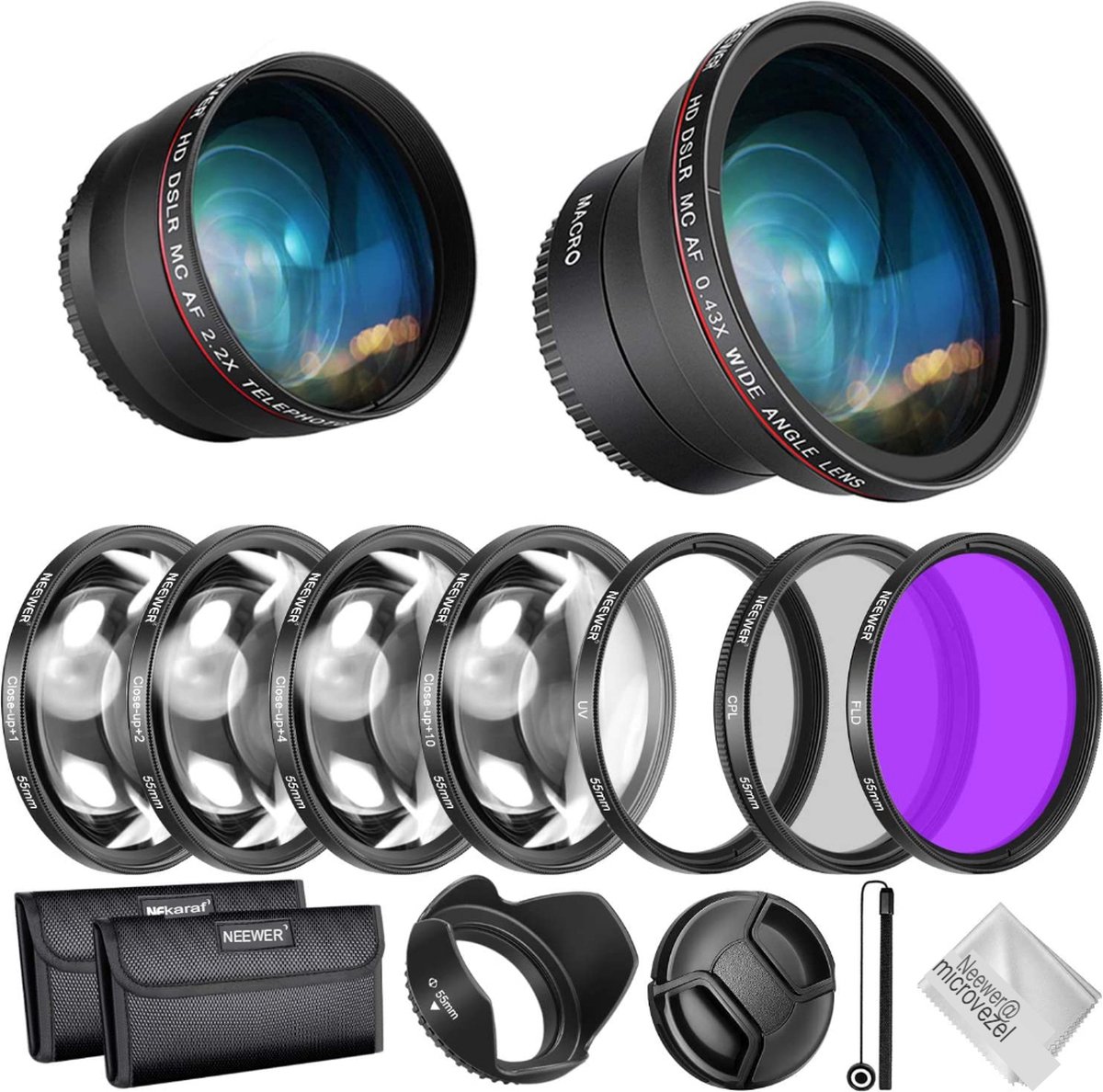 Neewer® - Lens en filter accessoire kit Geschikt voor Nikon - AF-P DX en Select Sony 0.43X Groothoeklens - 2.2X Telephoto - UV/CPL/FLD/Filter en Macro Filter Set