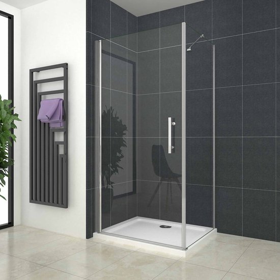 Douchecabine, hoekinstap, 90 x 70 x 187 cm, douchewand, glazen hoek, douche met douchedeur en vast zijpaneel, hoekdouche, zonder frame met draaideur, draaideur, klapdeur 90 cm en zijwand 70 cm
