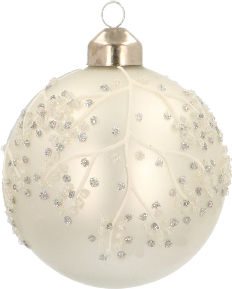Oneiro's luxe Glazen kerstbal met bloemen | Zilver | 8 cm - kerstbal - luxe verpakking – kerstcollectie – kerstdecoratie – kerstboomhanger – kerstversiering