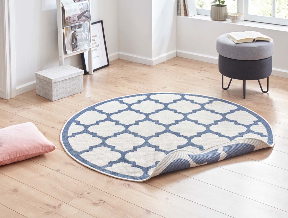 Rond binnen & buiten vloerkleed Palermo - blauw/crème 200 cm