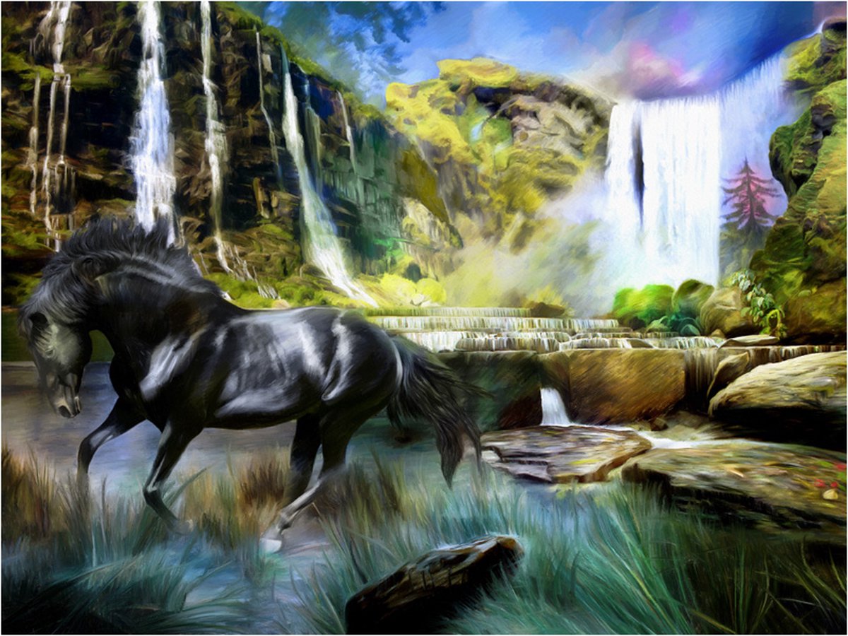 Fotobehang - Paard op de achtergrond van sky-blue waterfall.