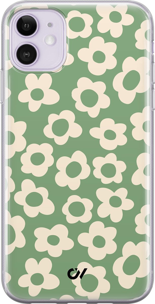 Hoesje geschikt voor Apple iPhone 11 - Retro Cute Flowers - - Groen - Apple - Casevibes
