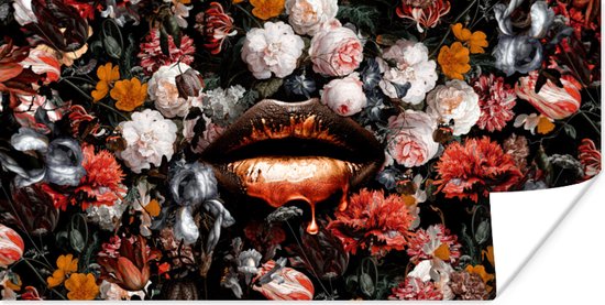 Poster Lippen - Bloemen - Verf - Oranje - Kunst - Abstract - Oude meesters - 150x75 cm