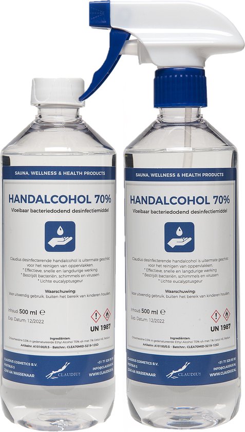 Handalcohol 70% - 500 ml met dop + 500 ml met spraykop