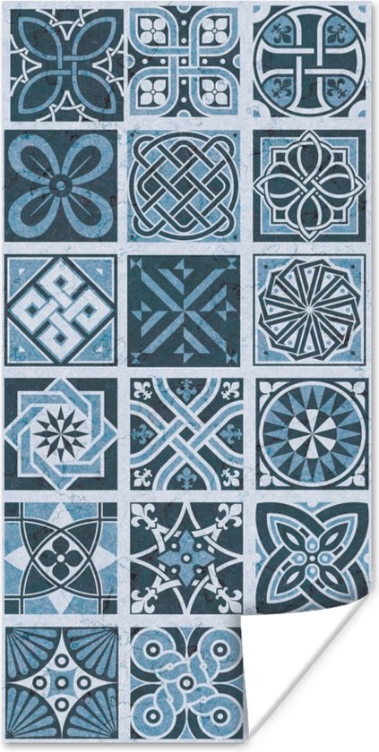 Poster Bloemen - Blauw - Patronen - Figuren - 80x160 cm